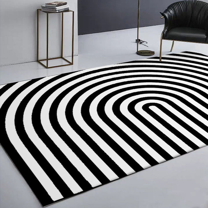 Lisslune | Contemporary Novelty Rug in White and Black 3D Curved Line Pattern Rug Polyester Washable Rug for Home Decoration