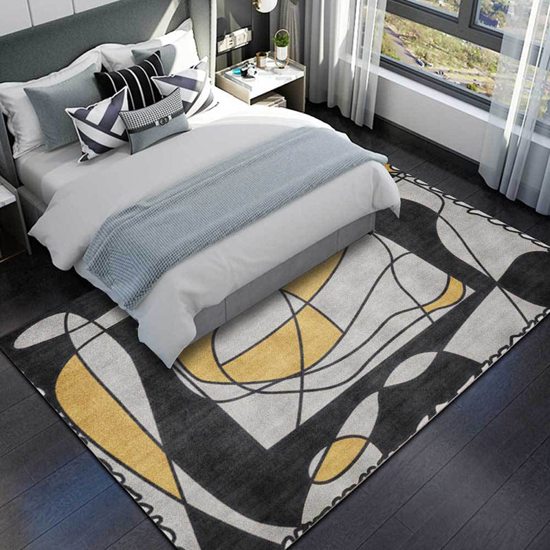 Lisslune | Novelty Living Room Rug in Gray Colorblock Line Print Rug Polyester Machine Washable Area Rug