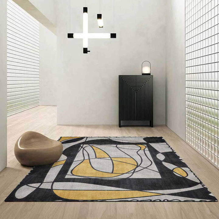Lisslune | Novelty Living Room Rug in Gray Colorblock Line Print Rug Polyester Machine Washable Area Rug