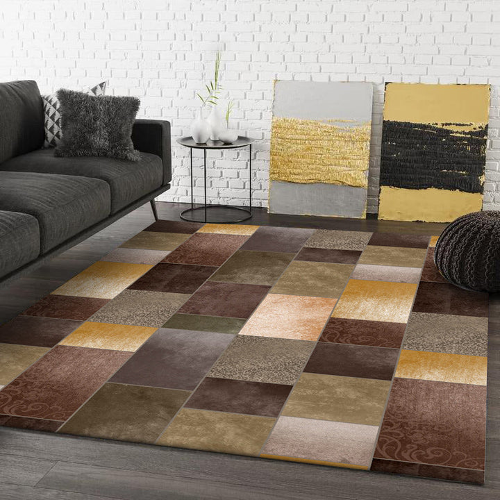 Lisslune | Novelty living room rug in brown color block rectangle print rug polyester pet-friendly machine washable rug