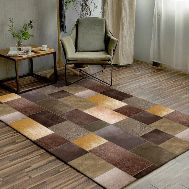 Lisslune | Novelty living room rug in brown color block rectangle print rug polyester pet-friendly machine washable rug