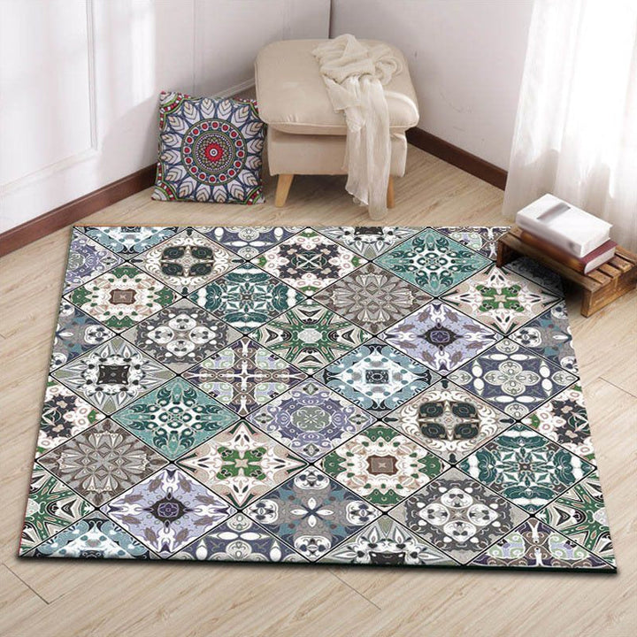 Lisslune | Retro Moroccan rug in green geometric floral pattern rug Polyester non-slip washable rug for home decor