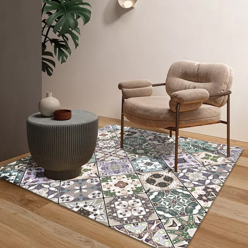 Lisslune | Retro Moroccan rug in green geometric floral pattern rug Polyester non-slip washable rug for home decor