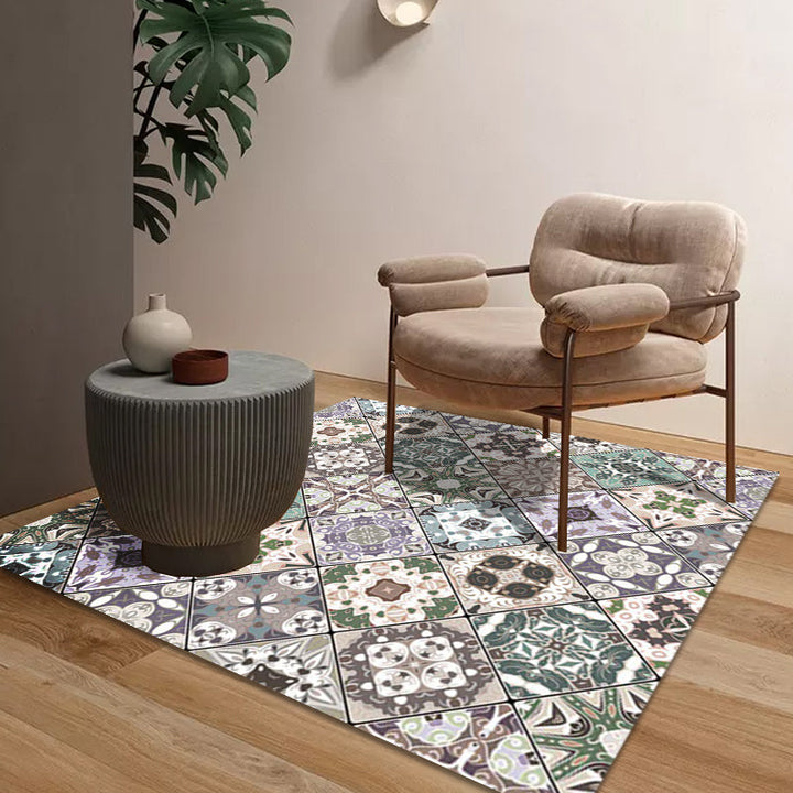 Lisslune | Retro Moroccan rug in green geometric floral pattern rug Polyester non-slip washable rug for home decor