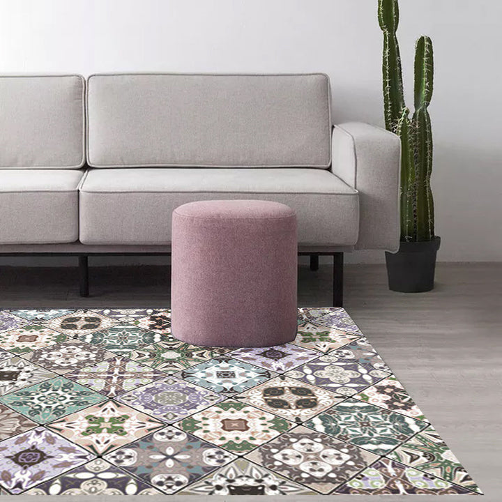 Lisslune | Retro Moroccan rug in green geometric floral pattern rug Polyester non-slip washable rug for home decor