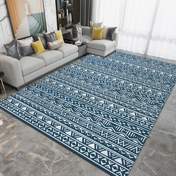 Lisslune | Blue Bedroom Rug Southwestern Stripes Triangle Pattern Area Rug Polyester Washable Non-Slip Rug