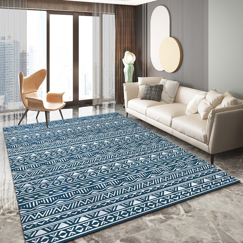 Lisslune | Blue Bedroom Rug Southwestern Stripes Triangle Pattern Area Rug Polyester Washable Non-Slip Rug