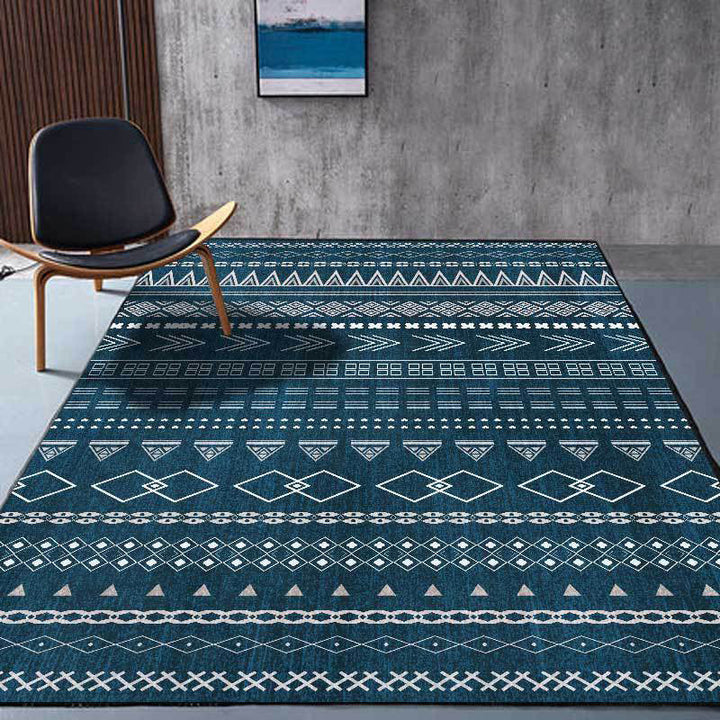 Lisslune | Southwestern living room rug in blue diamond triangle print rug polyester machine washable rug