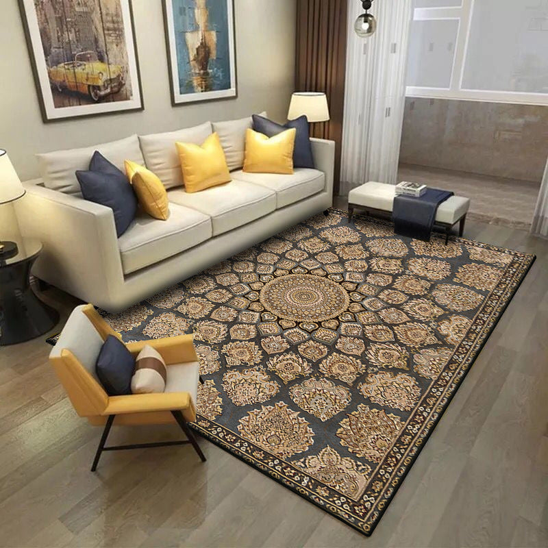 Lisslune | Brown Bedroom Rug Southwestern Floral Circle Geometric Pattern Area Rug Polyester Stain-Resistant Rug