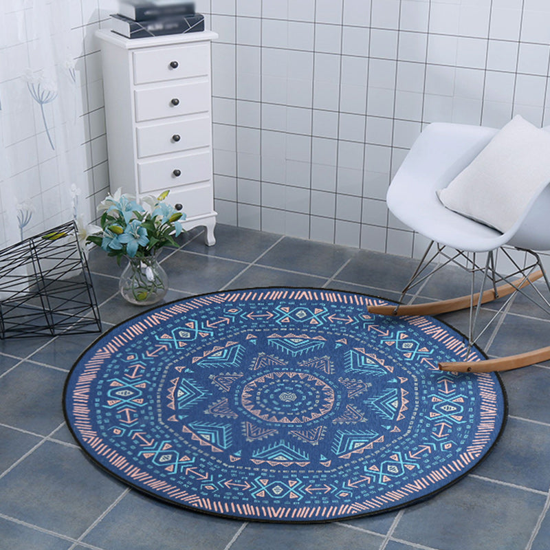 Lisslune | Blue Bedroom Carpet Southwest Triangle Line Pattern Carpet Polyester Machine Washable Carpet
