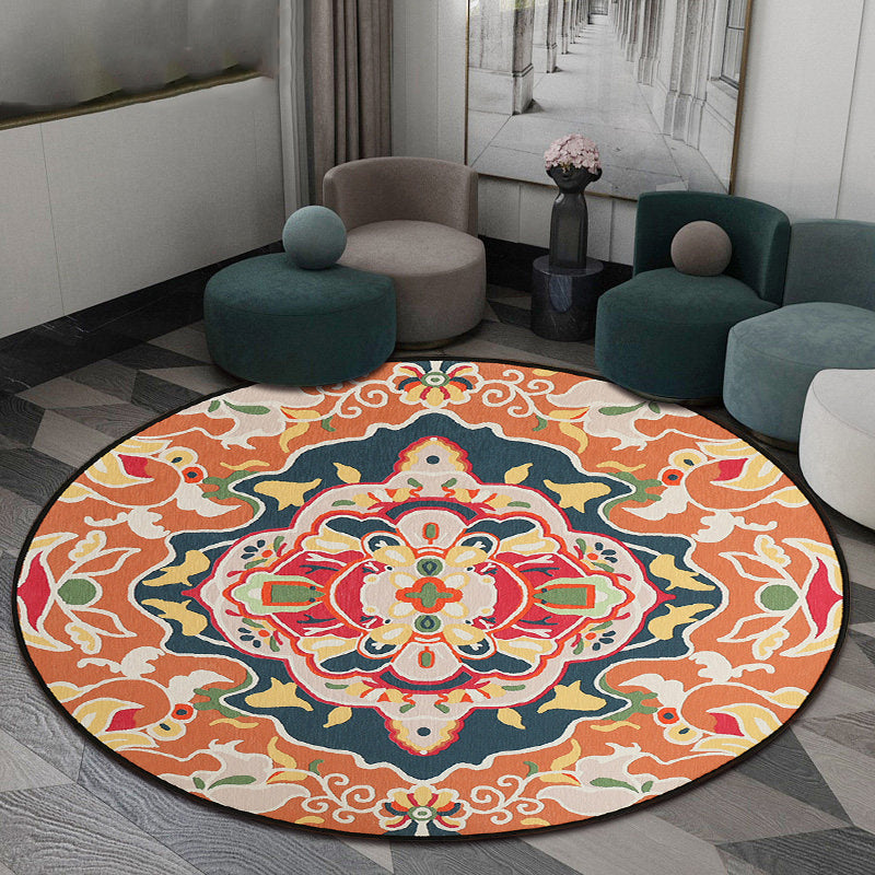 Lisslune | Orange Bedroom Rug Moroccan Floral Pattern Area Rug Polyester Pet Friendly Washable Rug