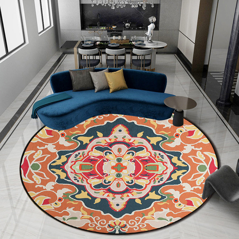 Lisslune | Orange Bedroom Rug Moroccan Floral Pattern Area Rug Polyester Pet Friendly Washable Rug