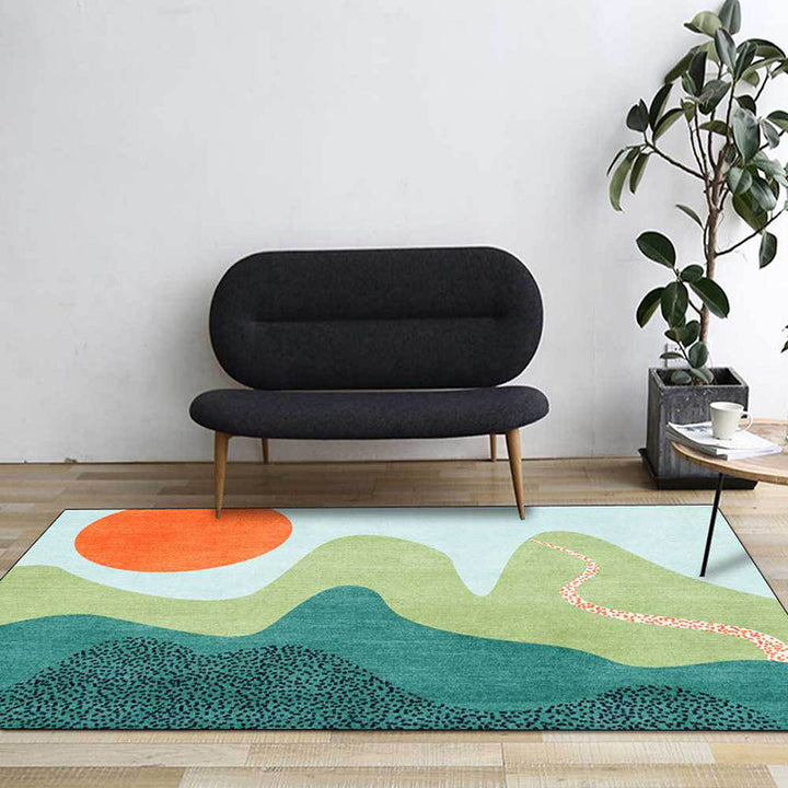 Lisslune | Multicolor Bedroom Rug Novelty Color Block Sun Hill Pattern Area Rug Polyester Non-Slip Washable Rug
