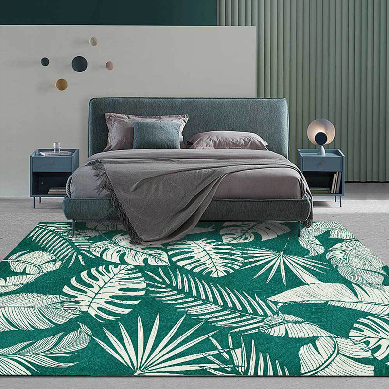 Lisslune | Stylish Leaf Pattern Carpet Green Tropical Carpet Polyester Washable Non-Slip Back Area Rug for Living Room