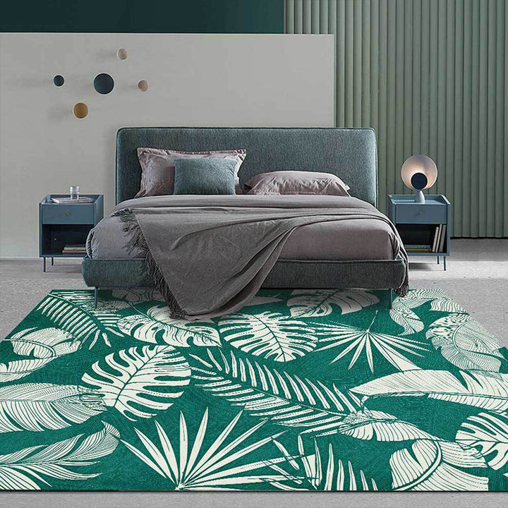 Lisslune | Stylish Leaf Pattern Carpet Green Tropical Carpet Polyester Washable Non-Slip Back Area Rug for Living Room