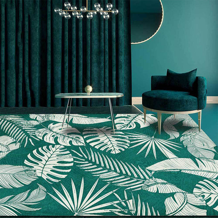 Lisslune | Stylish Leaf Pattern Carpet Green Tropical Carpet Polyester Washable Non-Slip Back Area Rug for Living Room
