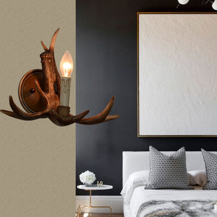 Skørter | Resin Candle Holder Wall Lamp with Deer Antlers Deco 1 Head Rustic Wall Lighting in Brown for Cottage