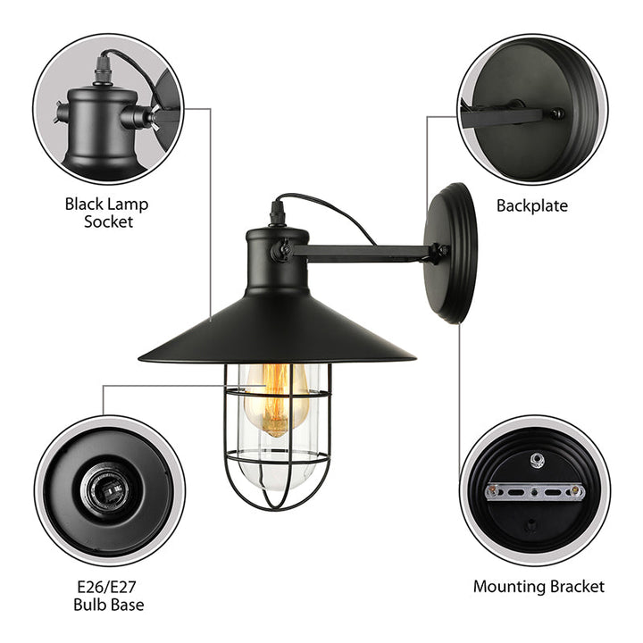 Skørter | 1 Light Clear Glass Wall Sconce Light Traditional Black/Rust Caged Café Lighting Fixture