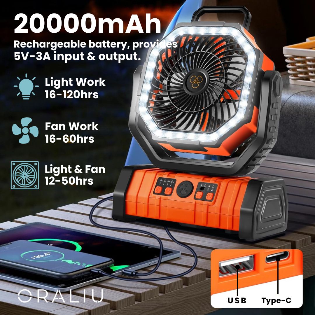 Lisslune | 3-in-1 Camping Fan with LED Light & 20000mAh Power Bank – USB Rechargeable & Wireless