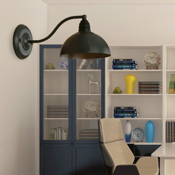 Lisslune | 1 Head Wall Sconce Retro Dome Shade Metal Sconce Light Fixture with Curved Arm in Black