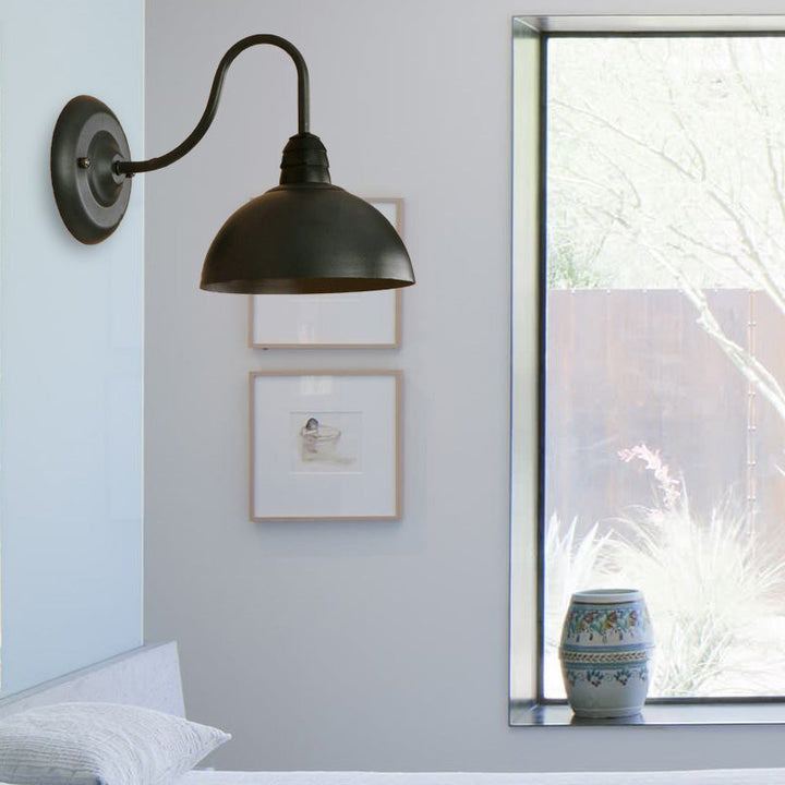Lisslune | 1 Head Wall Sconce Retro Dome Shade Metal Sconce Light Fixture with Curved Arm in Black