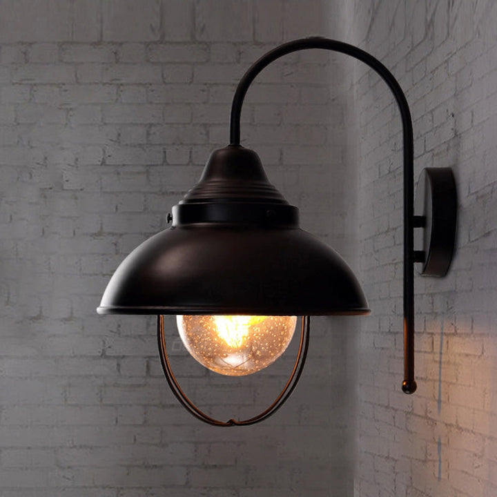 Lisslune | Farmhouse Dome Wall Lamp 1 Light Metal Wall Lighting with Cage and Sawed Glass Shade in Black