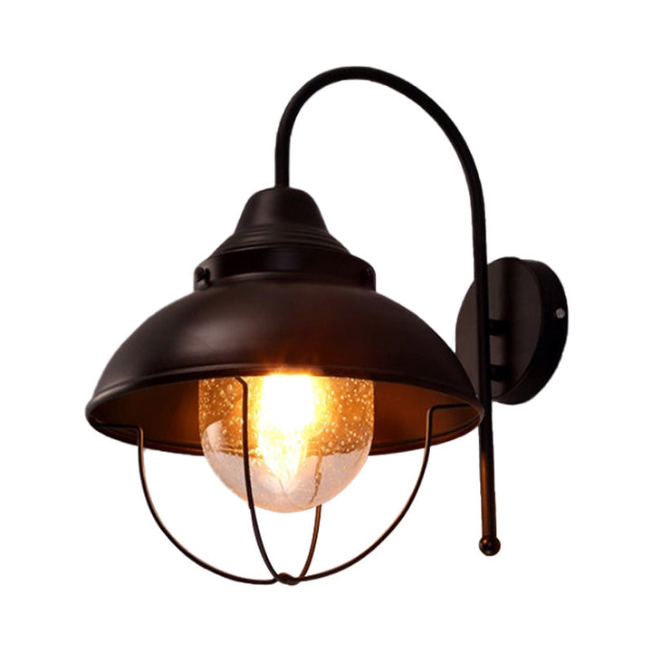 Lisslune | Farmhouse Dome Wall Lamp 1 Light Metal Wall Lighting with Cage and Sawed Glass Shade in Black