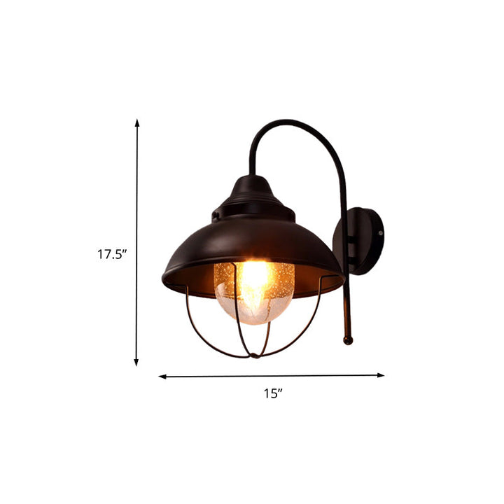 Lisslune | Farmhouse Dome Wall Lamp 1 Light Metal Wall Lighting with Cage and Sawed Glass Shade in Black