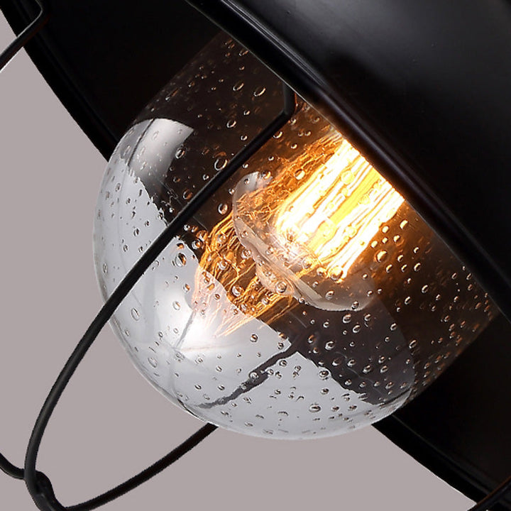 Lisslune | Farmhouse Dome Wall Lamp 1 Light Metal Wall Lighting with Cage and Sawed Glass Shade in Black