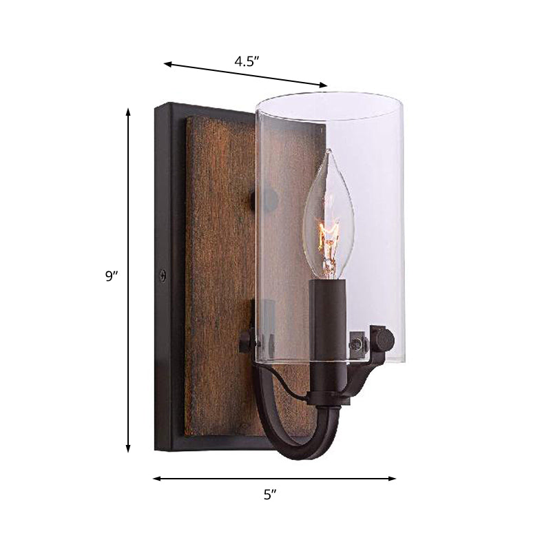 Lisslune | 1 Bulb Cylinder Wall Mounted Light Industrial Brown Clear Glass Lighting with Wood Back Plate