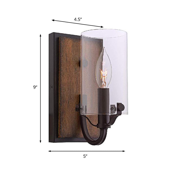 Lisslune | 1 Bulb Cylinder Wall Mounted Light Industrial Brown Clear Glass Lighting with Wood Back Plate