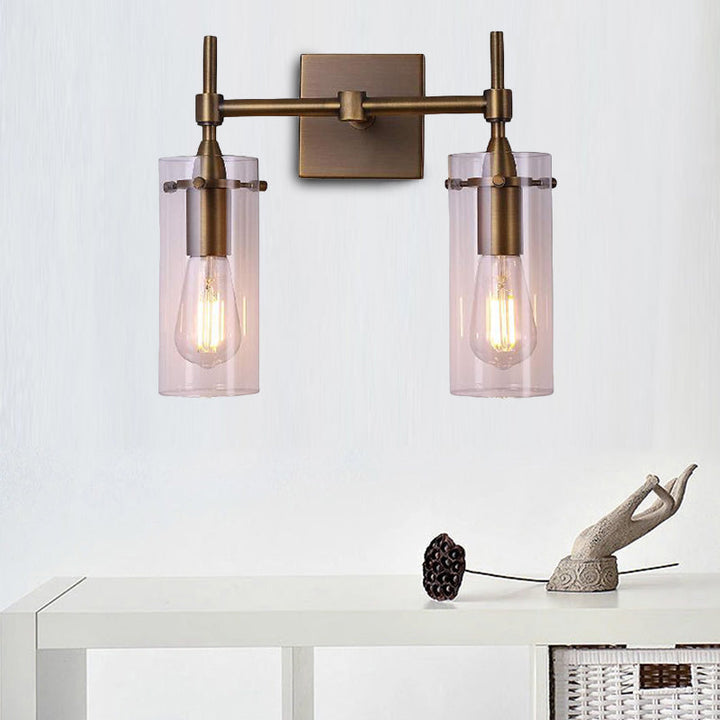 Lisslune | Clear Glass Cylinder Wall Lantern Modern 2 Lights Dining Room Lighting Fixture in Patina Brass