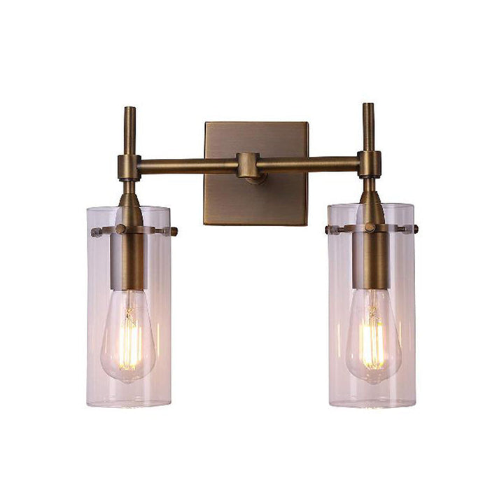 Lisslune | Clear Glass Cylinder Wall Lantern Modern 2 Lights Dining Room Lighting Fixture in Patina Brass
