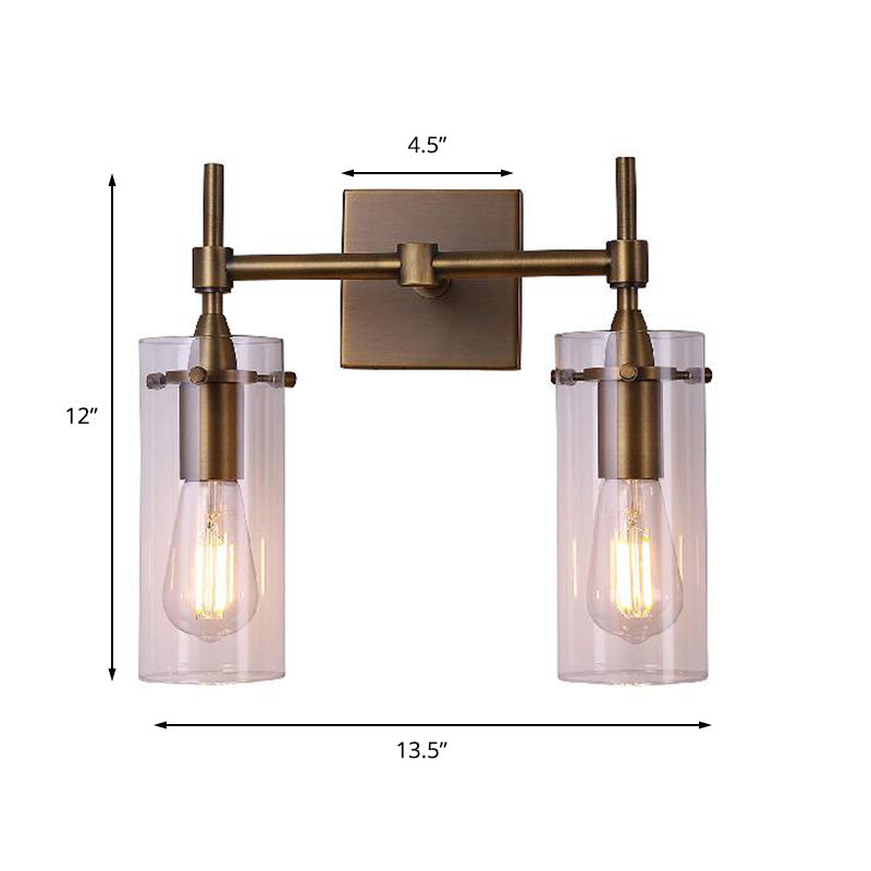Lisslune | Clear Glass Cylinder Wall Lantern Modern 2 Lights Dining Room Lighting Fixture in Patina Brass