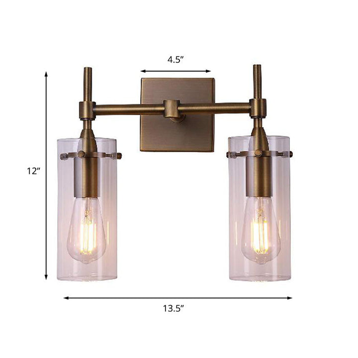 Lisslune | Clear Glass Cylinder Wall Lantern Modern 2 Lights Dining Room Lighting Fixture in Patina Brass