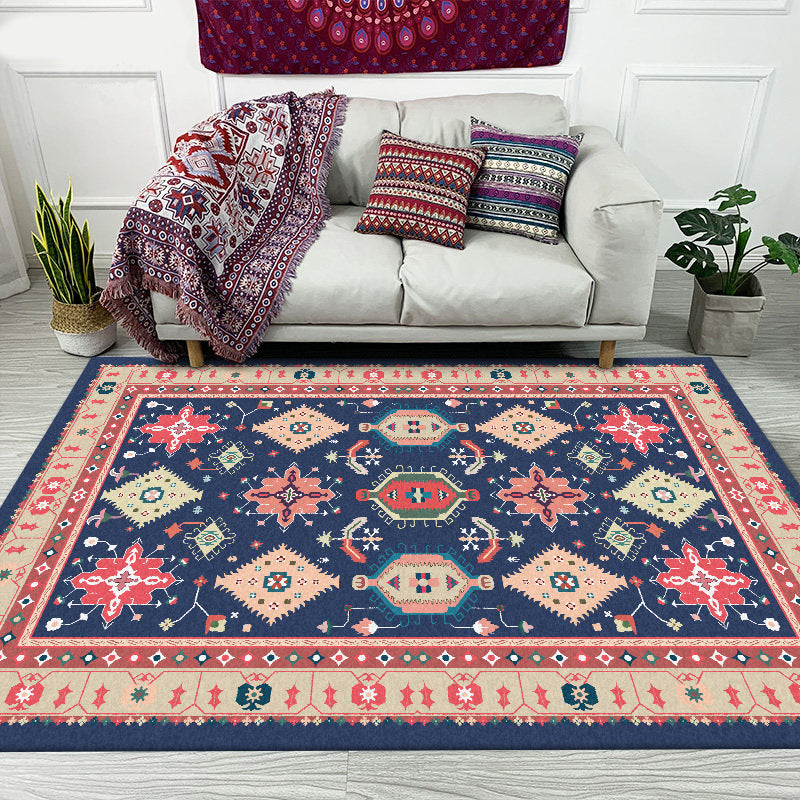 Lisslune | Southwest Living Room Rug in Blue Tribal Geometric Print Rug Made of Polyester Washable Area Rug