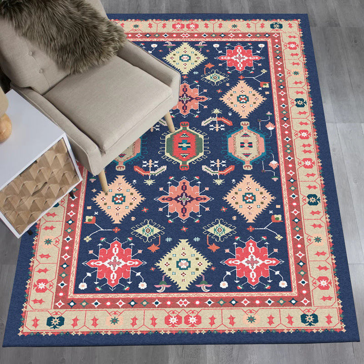 Lisslune | Southwest Living Room Rug in Blue Tribal Geometric Print Rug Made of Polyester Washable Area Rug