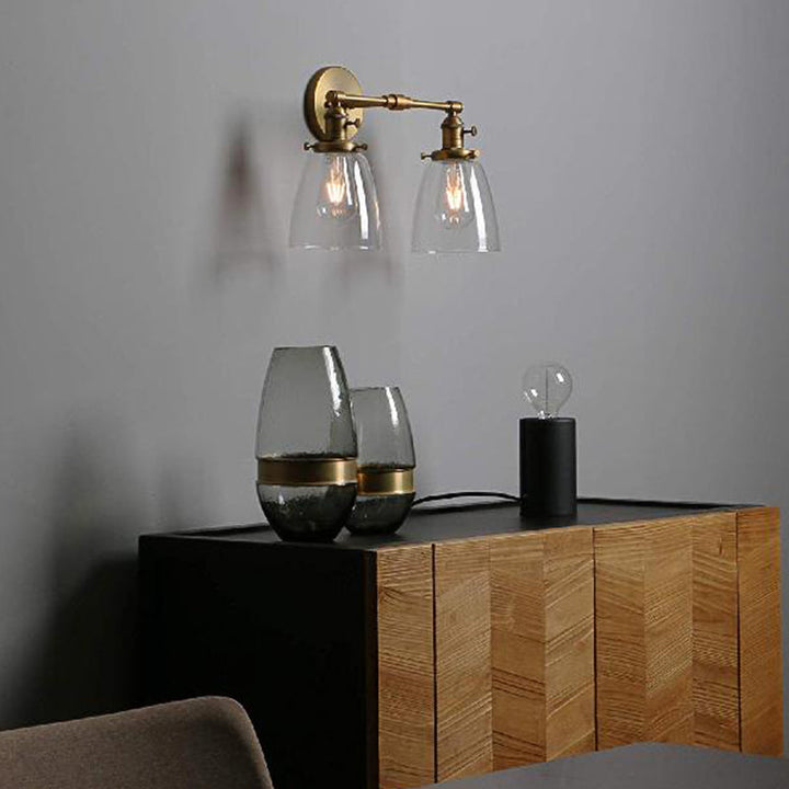 Lisslune | Clear Glass Brass Wall Light Conical 2-Light Industrial Wall Lamp Light for Foyer