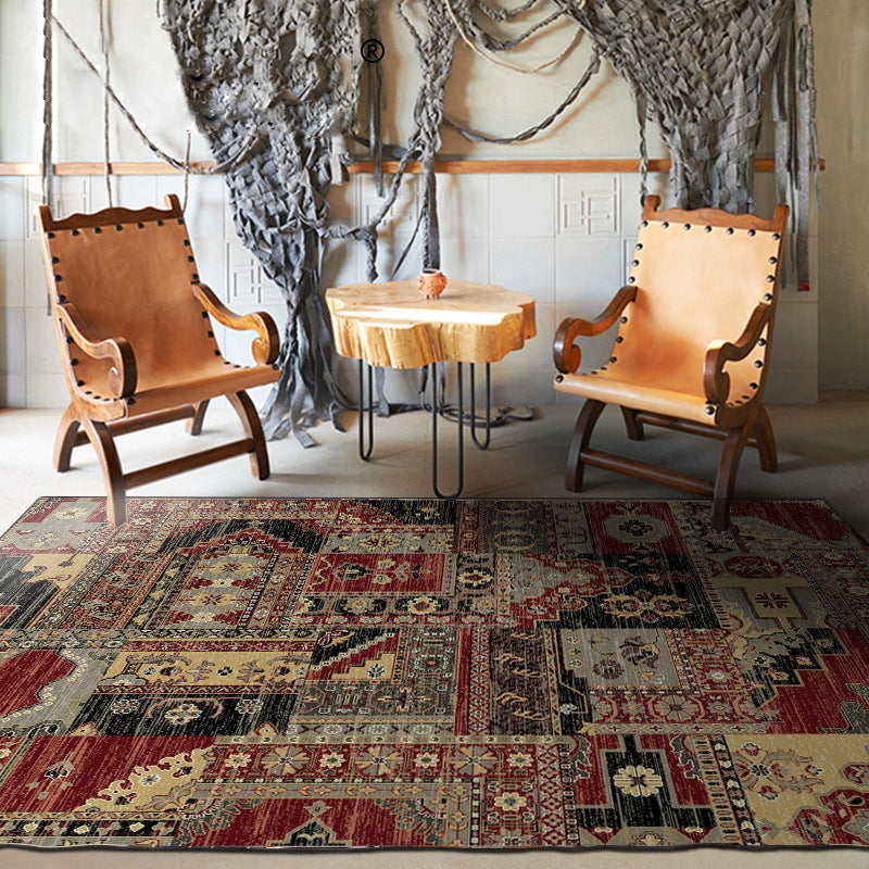 Lisslune | Red and brown bedroom carpet southwestern geometry floral pattern area rug polyester non-slip rug