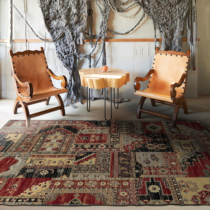 Lisslune | Red and brown bedroom carpet southwestern geometry floral pattern area rug polyester non-slip rug