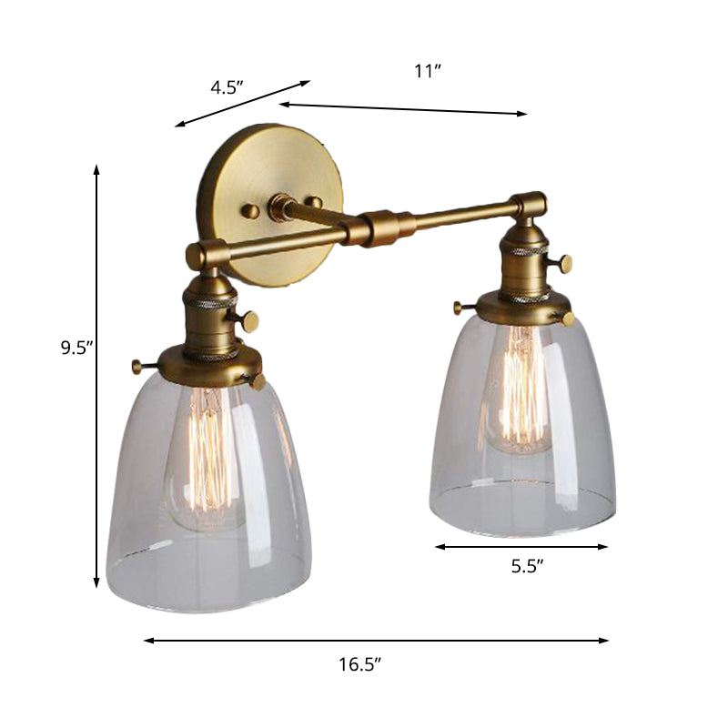 Lisslune | Clear Glass Brass Wall Light Conical 2-Light Industrial Wall Lamp Light for Foyer