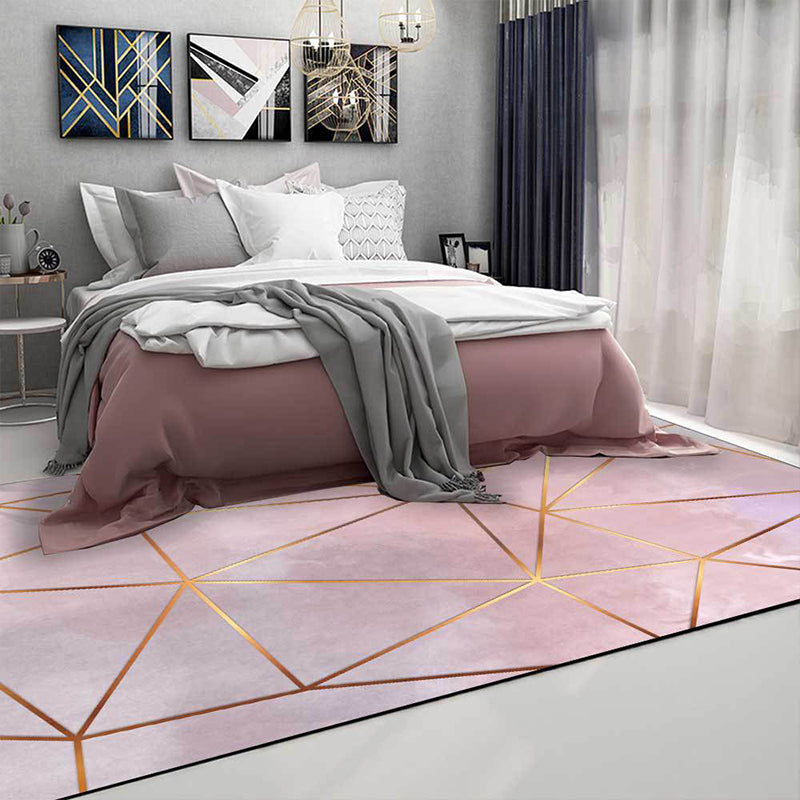 Lisslune | Modern Geometric Pattern Rug Pink Polyester Washable Non-Slip Back Rug for Living Room