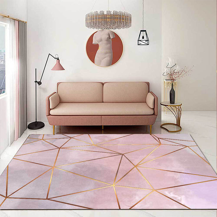 Lisslune | Modern Geometric Pattern Rug Pink Polyester Washable Non-Slip Back Rug for Living Room