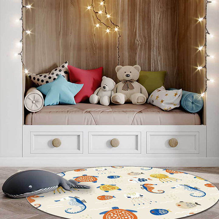 Lisslune | Casual Kids Rug in Ivory Animal Turtle Jellyfish Hippocampus Pattern Rug Polyester Washable Rug for the Children's Room