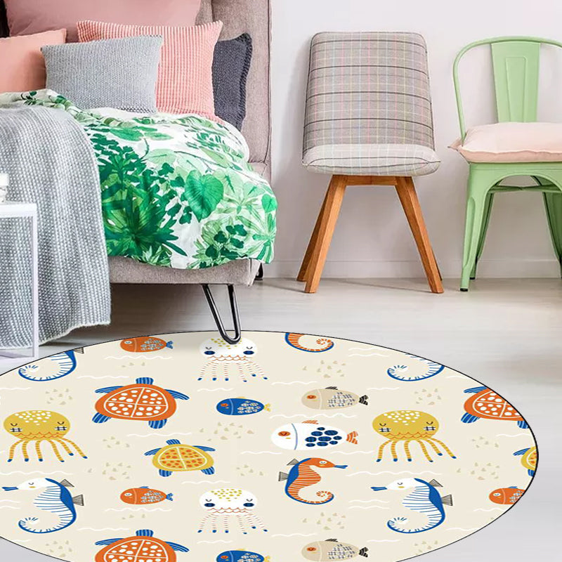 Lisslune | Casual Kids Rug in Ivory Animal Turtle Jellyfish Hippocampus Pattern Rug Polyester Washable Rug for the Children's Room