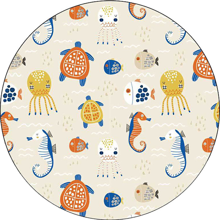 Lisslune | Casual Kids Rug in Ivory Animal Turtle Jellyfish Hippocampus Pattern Rug Polyester Washable Rug for the Children's Room