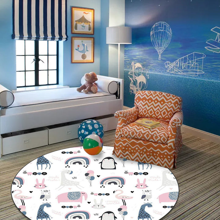 Lisslune | Simple children's carpet in white and blue animal giraffe penguin rabbit pattern carpet polyester washable carpet for the children's room