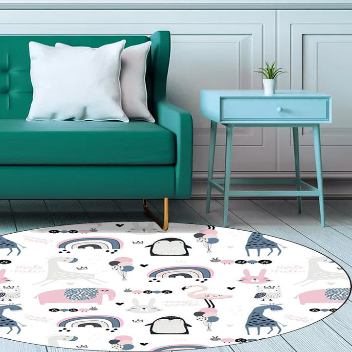Lisslune | Simple children's carpet in white and blue animal giraffe penguin rabbit pattern carpet polyester washable carpet for the children's room