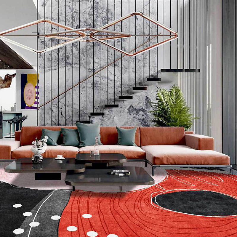 Lisslune | Novelty Living Room Carpet in Red and Black Color Block Dots Line Print Carpet Polyester Washable Stain Resistant Area Rug