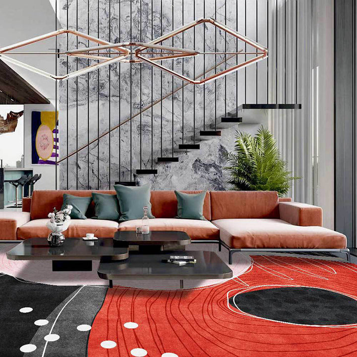 Lisslune | Novelty Living Room Carpet in Red and Black Color Block Dots Line Print Carpet Polyester Washable Stain Resistant Area Rug